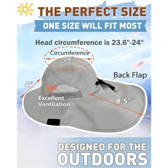 Neck Flap Sun Hat with Wide Brim - UPF 50+ Hiking Safari Fishing Caps for Men - Picture 6 of 7